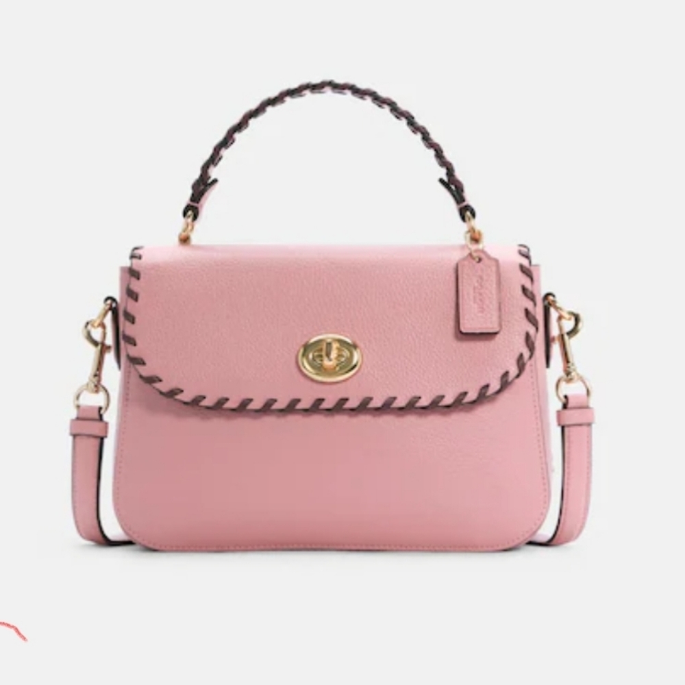 Coach Pink Leather Top-Handle Satchel with Braided Trim and Gold Hardware
